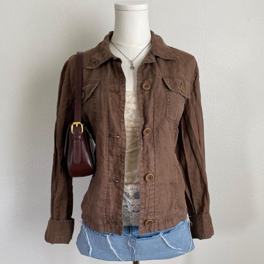 Vintage Y2K Jones New York Brown Linen Utility Shirt Jacket Long Sleeve Earthy